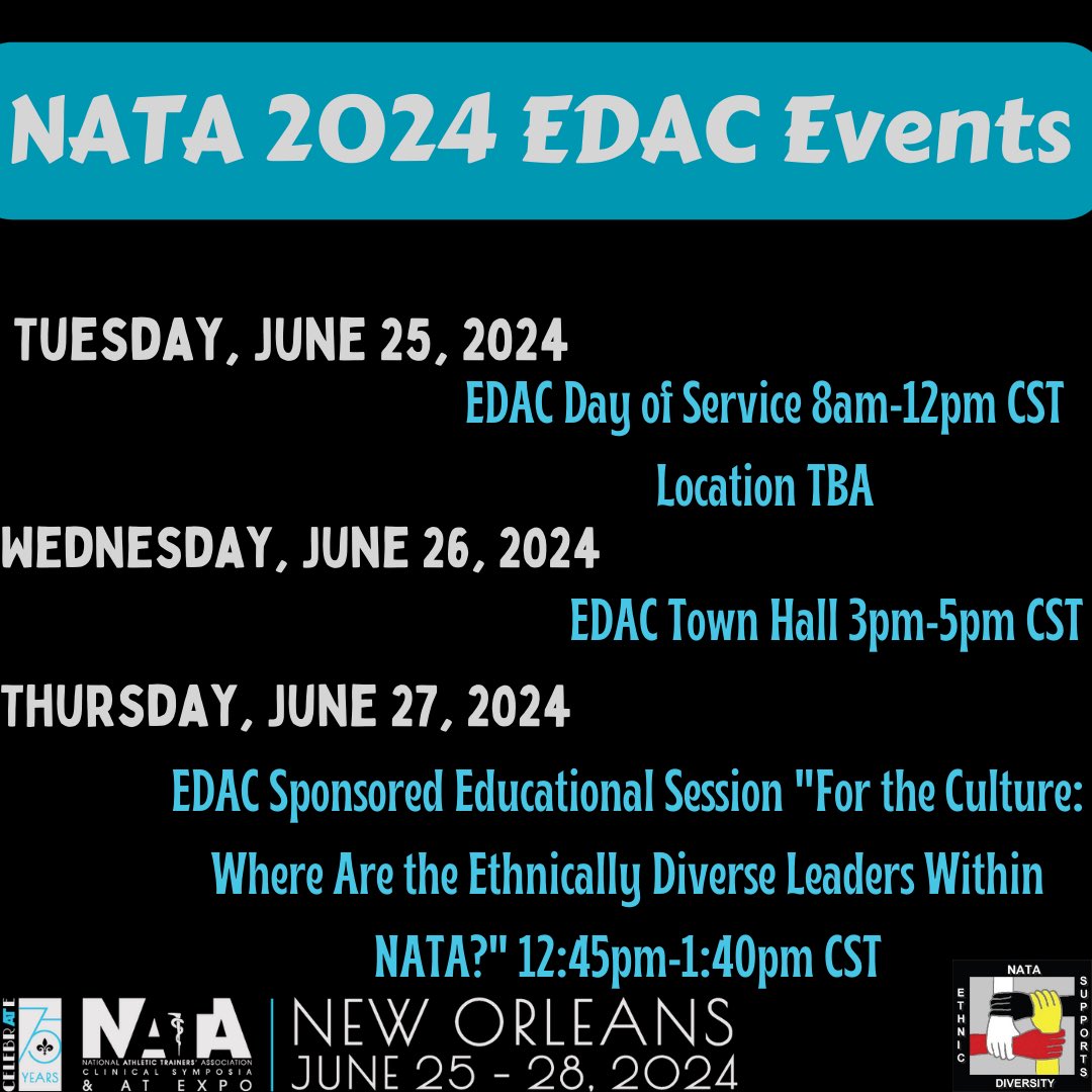 Will you be joining us in New Orleans for the NATA Convention? If so, take note of the EDAC sponsored events that will be taking place throughout the week! Stay tuned to our social media pages for more information about our events leading up to #NATA2024! For more information