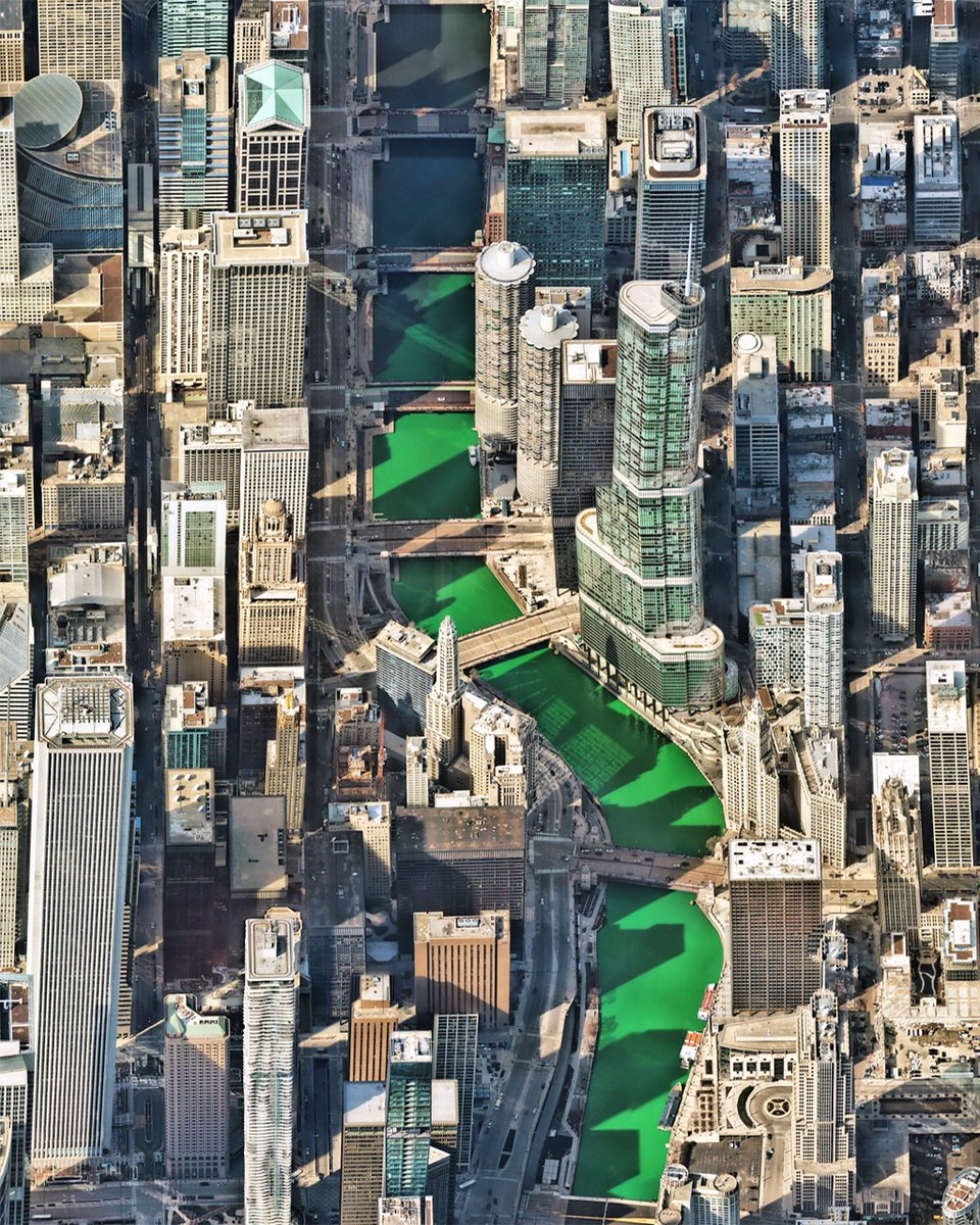 The Chicago River was dyed green last weekend, continuing a more than 60-year tradition to celebrate #SaintPatricksDay. In this Overview, we see the emerald waters flowing through the center of Chicago, dividing The Loop (left) and Near North Side neighborhoods.