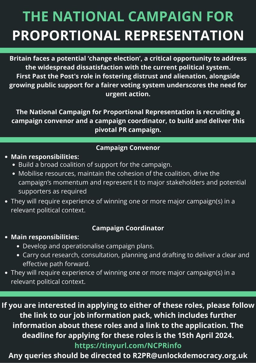 The national campaign for #proportionalrepresentation is gearing up 12 organisations so far are signed up, including: @CompassOffice @ElectoralReform @Labour4PR @LibDem4ER @MakeVotesMatter We are looking to recruit two key people for the campaign: a convenor and a coordinator