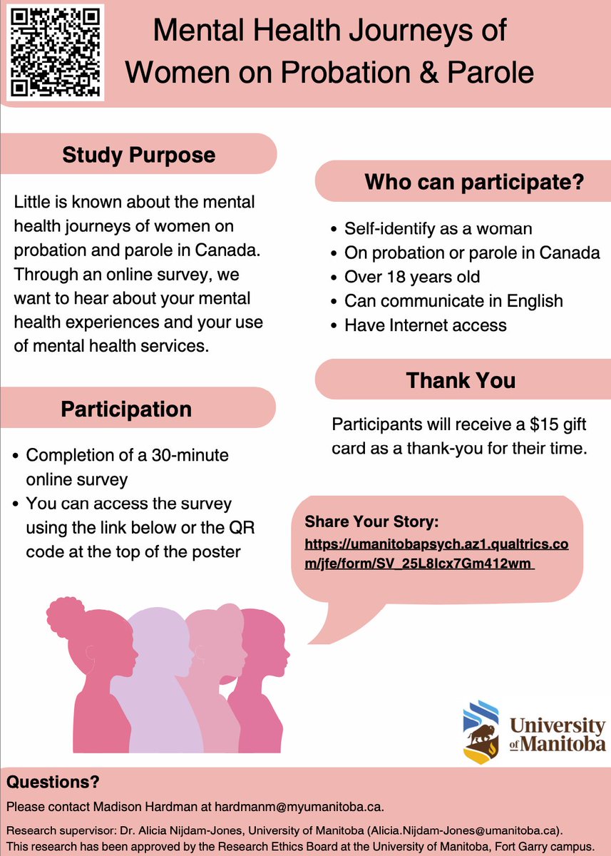 Are you a woman over 18 currently on probation and parole in Canada? We invite you to share your story by participating in an anonymous online survey conducted by @umanitoba. Participants who complete the survey will receive a $15 gift card. Survey link: bit.ly/48ZhaUR