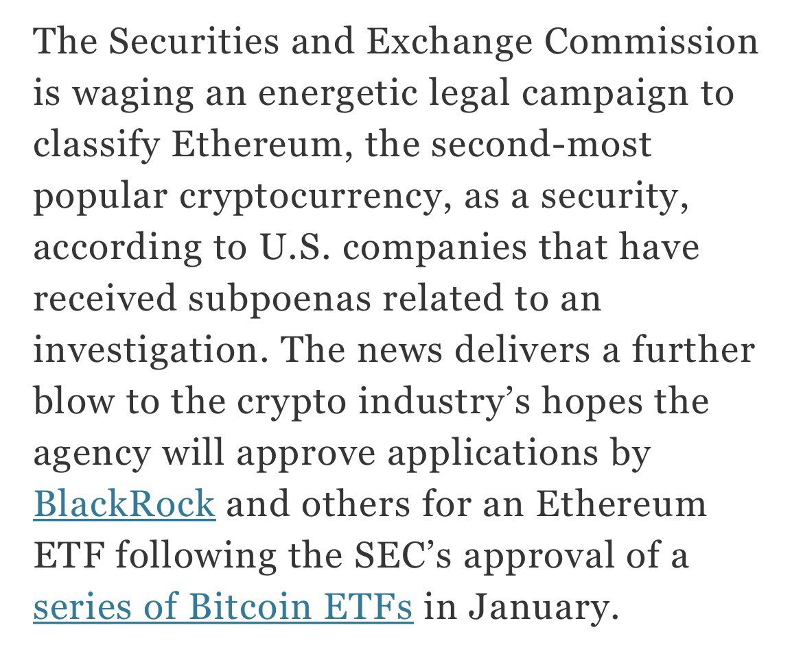 If this is true, then it explains why the @SECGov has been so mum with the $ETH spot ETF issuers. The @SECGov staff may be waiting for any lingering investigations to wrap before @GaryGensler gives them direction.