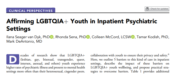 Affirming #LGBTQIA youth can be challenging in inpatient psychiatric settings. #JAACAP #ClinicalPerspectives offers practical suggestions to help providers overcome these barriers. @DrIlanaSvD @UCLASemel @UCLA @MasseyUni jaacap.org/article/S0890-…