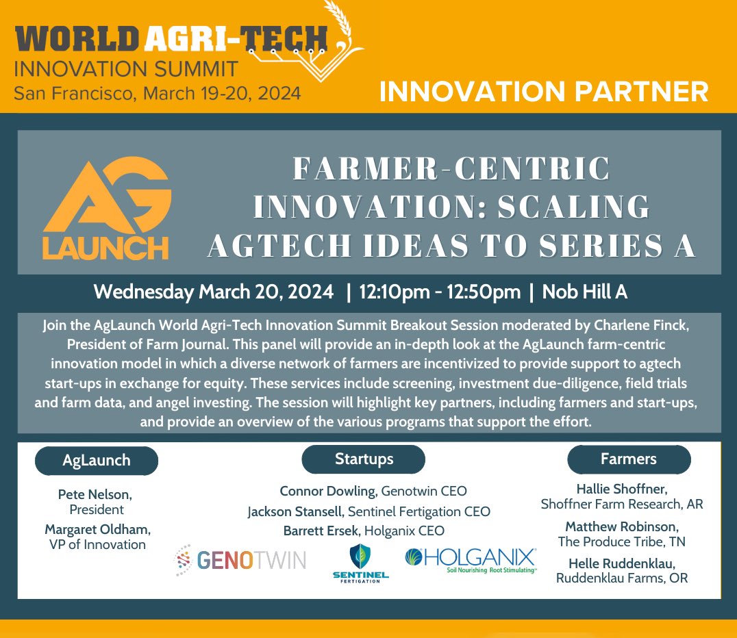 We're having a blast at the @WorldAgriTech Summit in San Francisco! Make sure to come to our 12:10pm Breakout Session at Nob Hill A TODAY! 'Farmer-Centric Innovation: Scaling AgTech Ideas to Series A' - you don't want to miss it! #WorldAgriTech