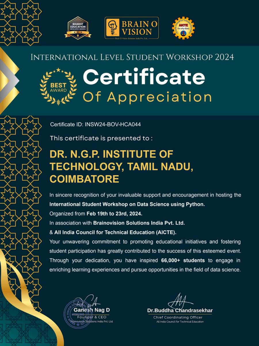 rk_vivekha's tweet image. Appreciation Certificates from BRAIN O VISION for hosted an International Level Student Workshop on Data Science using Python from February 19 to February 23, 2024.