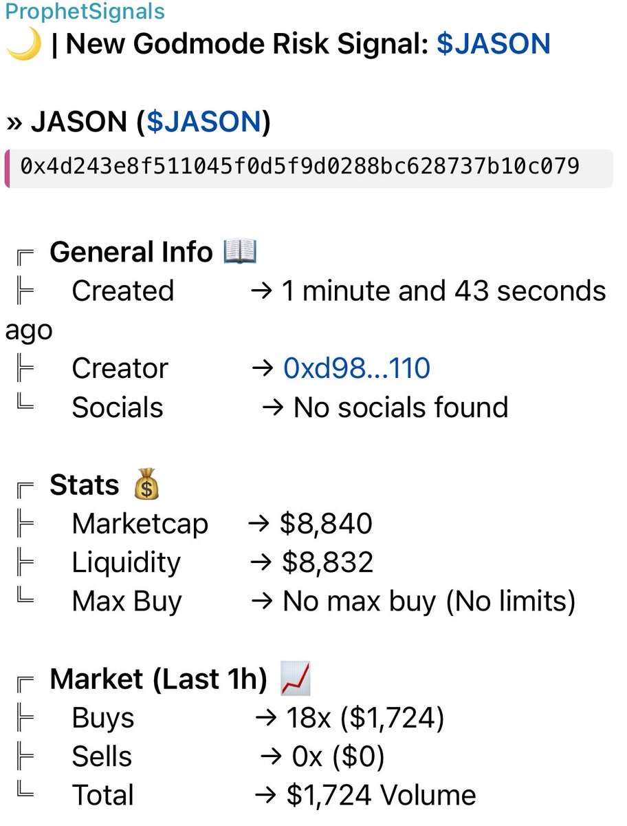 The Trading Algorithm at <a href="/ProphetBots/">ProphetBots</a>⚠️ 

$Jason was signalled at $8.8k MC   

$Jason hit $7.3m MC      

A 829x on a 0.05ETH entry...      

Returning a MAX 41.4 ETH // $136k USD profit.