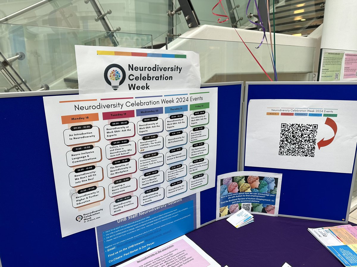 The neurodiversity team at UHB have set up a stall in the atrium to promote #neurodiversity and #NeurodiversityAwareness there are lots of interesting sessions on the link below for you to join if you’re interested! @uhbtrust 

neurodiversityweek.com/_files/ugd/355…