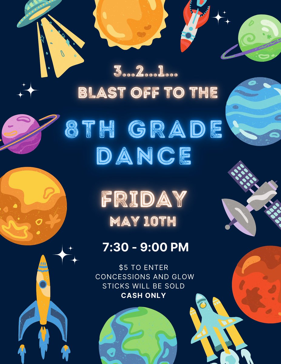 Bucs Nation, our 7th and 8th-grade dances will be held Friday, May 10th from 5:30-7:00 for 7th grade and 7:30-9:00 for 8th grade. $5 to enter and concessions and glow sticks will be sold, CASH ONLY! See you there!