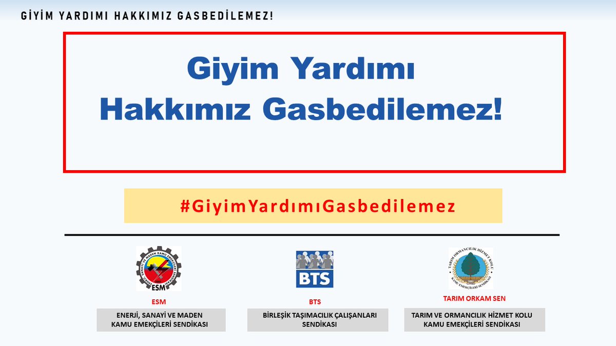 BTS Genel Merkezi (@btsgenelmerkez) on Twitter photo Giyim Yardımı Hakkımız Gasbedilemez!
#GiyimYardımıGasbedilemez <a href="/tcbestepe/">T.C. Cumhurbaşkanlığı</a> <a href="/tccbiko/">T.C. Cumhurbaşkanlığı İnsan Kaynakları Ofisi</a> <a href="/UABakanligi/">T.C. Ulaştırma ve Altyapı Bakanlığı</a> <a href="/csgbakanligi/">T.C. Çalışma ve Sosyal Güvenlik Bakanlığı</a> <a href="/a_uraloglu/">Abdulkadir URALOĞLU</a> <a href="/Tcdd/">Tcdd</a> <a href="/TCDDemiryollari/">TCDD-Türkiye Cumhuriyeti Devlet Demiryolları 🇹🇷</a>
<a href="/HMBakanligi/">T.C. Hazine ve Maliye Bakanlığı</a> <a href="/memetsimsek/">Mehmet Simsek</a> <a href="/TCDDTasimacilik/">TCDD Taşımacılık</a> <a href="/dhmikurumsal/">DHMİ Genel Müdürlüğü</a> <a href="/dhmihkeskin/">Dr. Hüseyin KESKİN</a> <a href="/turasasgm/">TÜRASAŞ</a> <a href="/KESK1995/">KESK</a> <a href="/halktvcomtr/">Halk TV</a> <a href="/szctelevizyonu/">SÖZCÜ Televizyonu</a> <a href="/KRTCANLI/">KRT TV</a> Giyim Yardımı Hakkımız Gasbedilemez!
#GiyimYardımıGasbedilemez <a href="/tcbestepe/">T.C. Cumhurbaşkanlığı</a> <a href="/tccbiko/">T.C. Cumhurbaşkanlığı İnsan Kaynakları Ofisi</a> <a href="/UABakanligi/">T.C. Ulaştırma ve Altyapı Bakanlığı</a> <a href="/csgbakanligi/">T.C. Çalışma ve Sosyal Güvenlik Bakanlığı</a> <a href="/a_uraloglu/">Abdulkadir URALOĞLU</a> <a href="/Tcdd/">Tcdd</a> <a href="/TCDDemiryollari/">TCDD-Türkiye Cumhuriyeti Devlet Demiryolları 🇹🇷</a>
<a href="/HMBakanligi/">T.C. Hazine ve Maliye Bakanlığı</a> <a href="/memetsimsek/">Mehmet Simsek</a> <a href="/TCDDTasimacilik/">TCDD Taşımacılık</a> <a href="/dhmikurumsal/">DHMİ Genel Müdürlüğü</a> <a href="/dhmihkeskin/">Dr. Hüseyin KESKİN</a> <a href="/turasasgm/">TÜRASAŞ</a> <a href="/KESK1995/">KESK</a> <a href="/halktvcomtr/">Halk TV</a> <a href="/szctelevizyonu/">SÖZCÜ Televizyonu</a> <a href="/KRTCANLI/">KRT TV</a>
