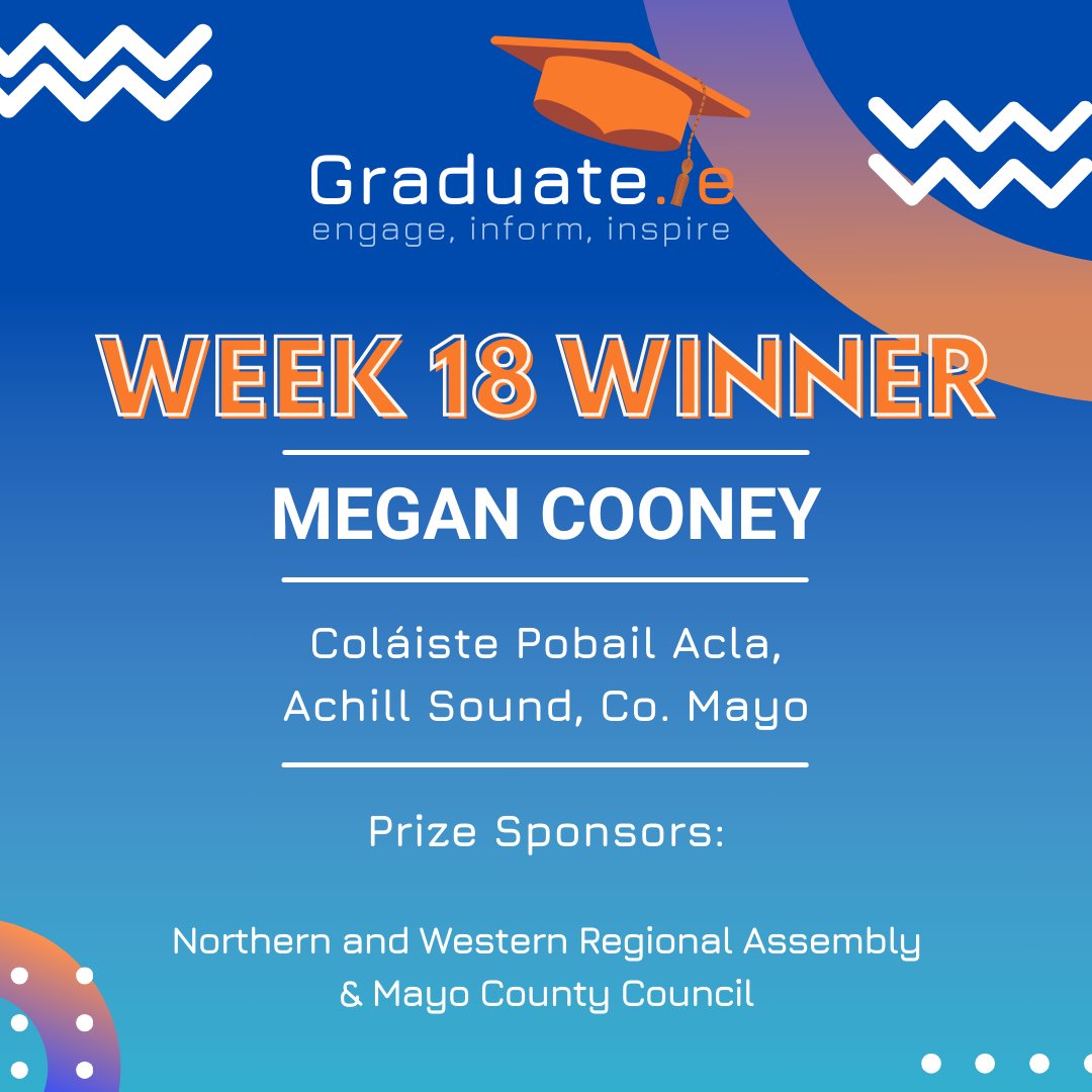 Week 18 winner just announced!! 🏆Congratulations to: Megan Cooney from @CPAcla1 Prize Sponsored By: @NWAssembly & @MayoCoCo There is still more chances to win... Logon to take the weekly quiz here: graduate.ie