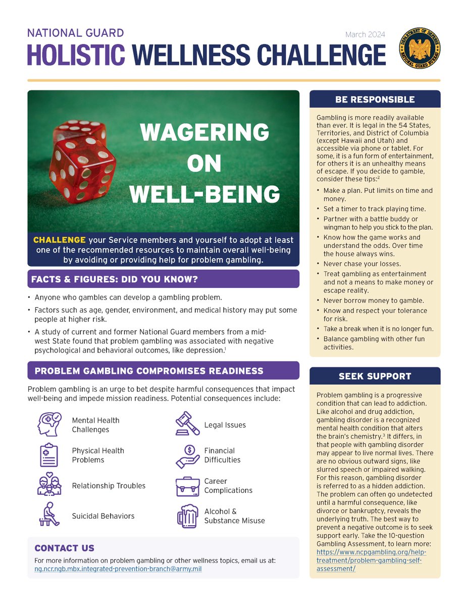 #DYK? For service members, problem gambling impacts well-being and reduces readiness by minimizing peak performance and jeopardizing security clearances. Follow these tips for gambling responsibly and find resources to seek support: ngpa.us/28958