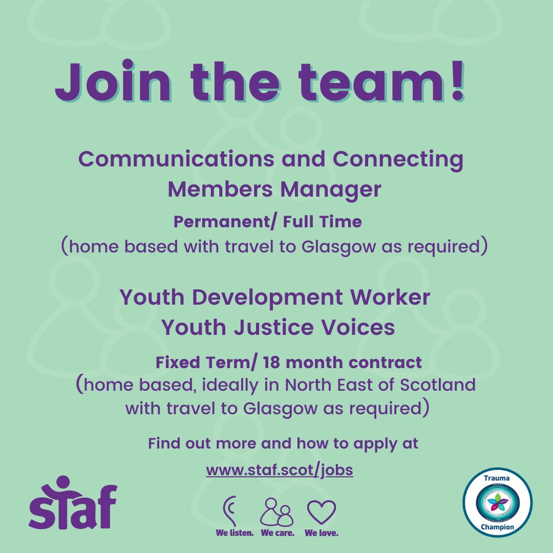 💜 We're hiring! 💜 
We're looking to recruit a Communications and Connecting Members Manager and a Youth Development Worker who will lead Youth Just Us north east. Full details at buff.ly/43nSmF3 We look forward to hearing from you! 
#WeListen #WeCare #WeLove