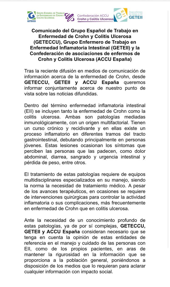 Tras la reciente difusión en medios de comunicación de información acerca de la enfermedad de Crohn, desde GETECCU, GETEII y ACCU España queremos informar conjuntamente acerca de nuestro punto de vista sobre las noticias difundidas.