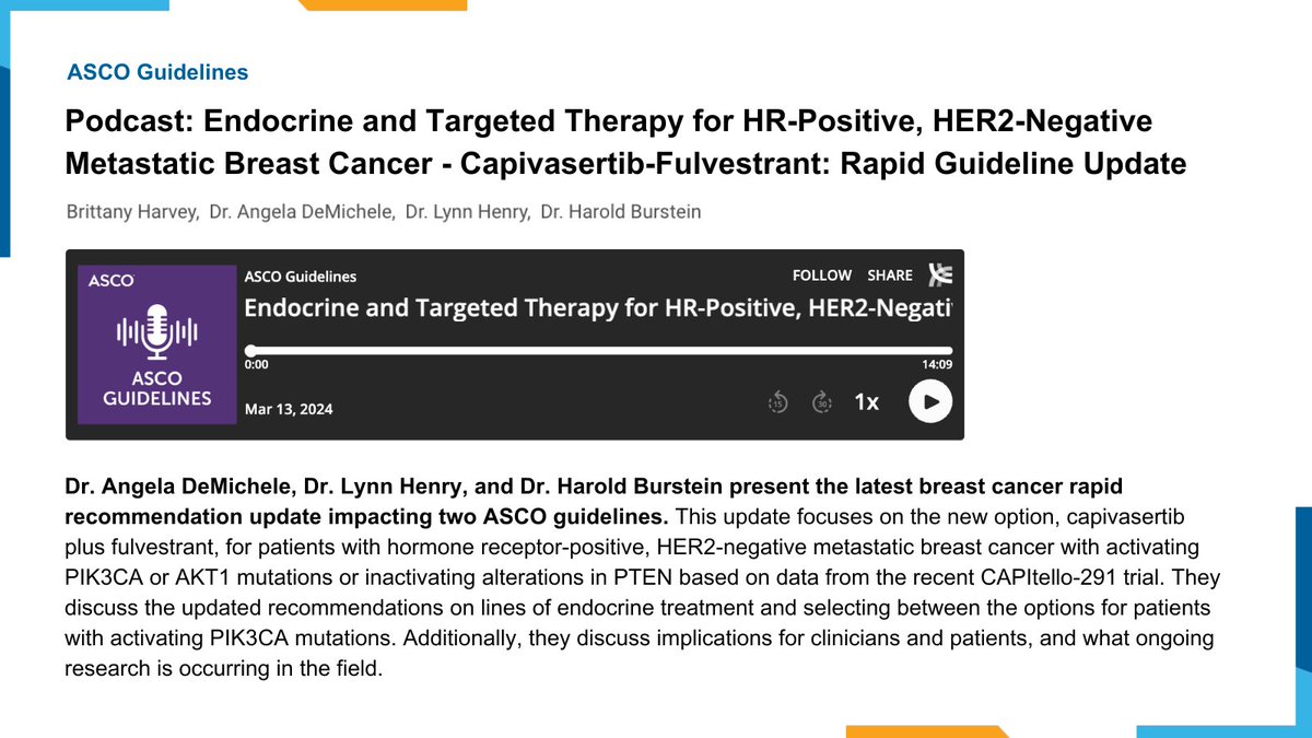 Listen to the latest @ASCO podcast where Dr. Angela DeMichele (@AngieDemichele), Dr. Lynn Henry, and Dr. Harold Burstein (@DrHBurstein) discuss the rapid guideline update on endocrine and targeted therapy for HR+, HER2+ #MetastaticBreastCancer Listen here: ascopubs.org/doi/pdf/10.120…