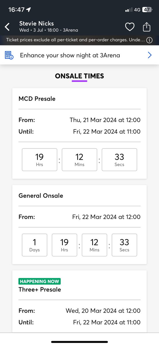 Kingdor's tweet photo. @TMIrelandHelp hey all any reason why all day when trying to get pre sale tickets to Stevie Nicks that it just tells me that presale is on but no option to select any seats / tickets ? https://t.co/BNKw7UZFJ4