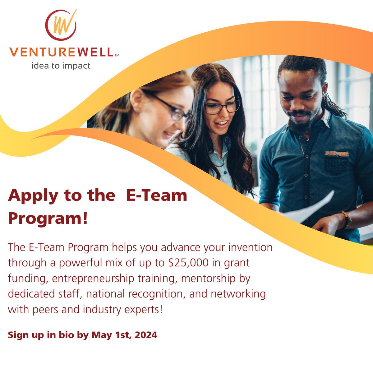 VentureWell's E-Team Program has trained more than 1,400 early-stage
innovators who have launched 240+ ventures total, securing more than $480 million!

Program is now open! The application deadline is May 1, 2024.
#Innovatioin #entrepreneurship