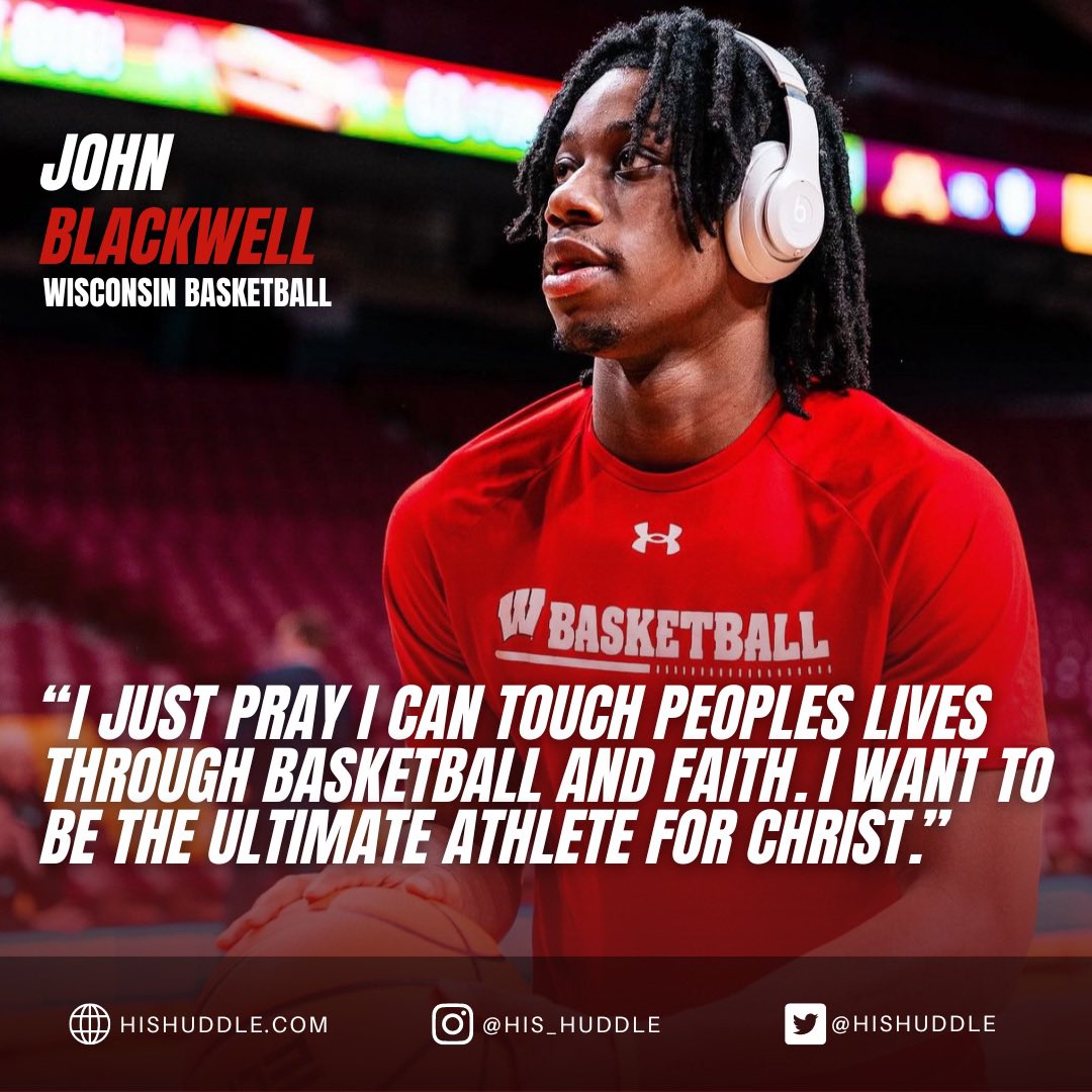 “I just pray I can touch peoples lives through basketball and faith. I want to be the ultimate athlete for Christ.” As Wisconsin gears up for March Madness, John Blackwell has made a significant impact on and off the court with faith as his guide. hishuddle.com/2024/03/20/joh…