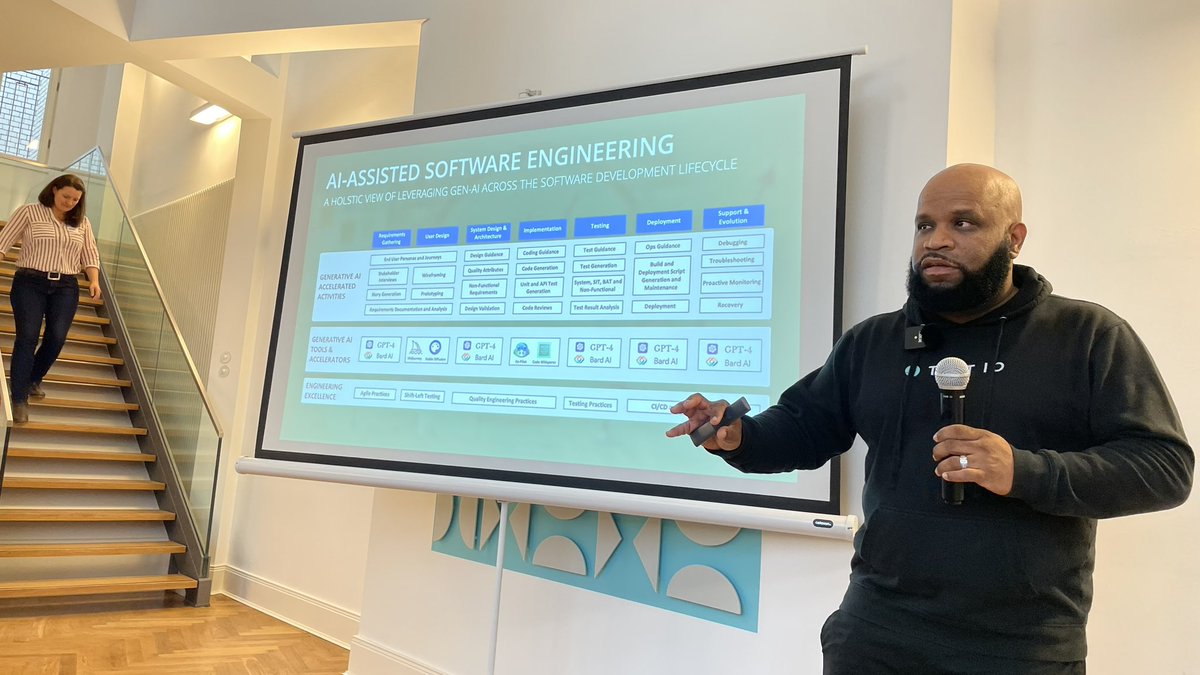 @AgileTD Meetup Berlin. How to add #AI to the whole software development process? @tariq_king shows examples how to get support (not out of the box solutions)