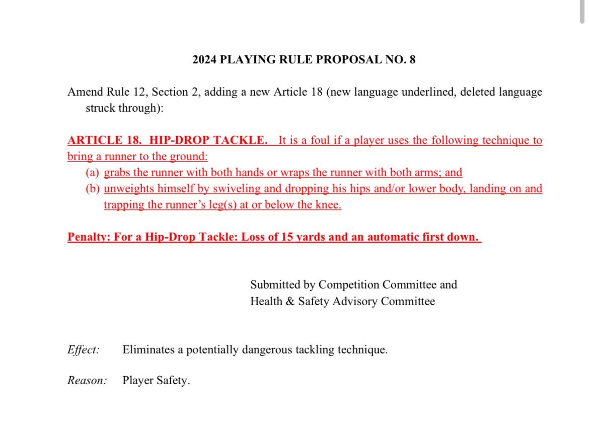 NFL competition committee proposes elimination of “hip drop tackle.” Here is the wording of the proposal.