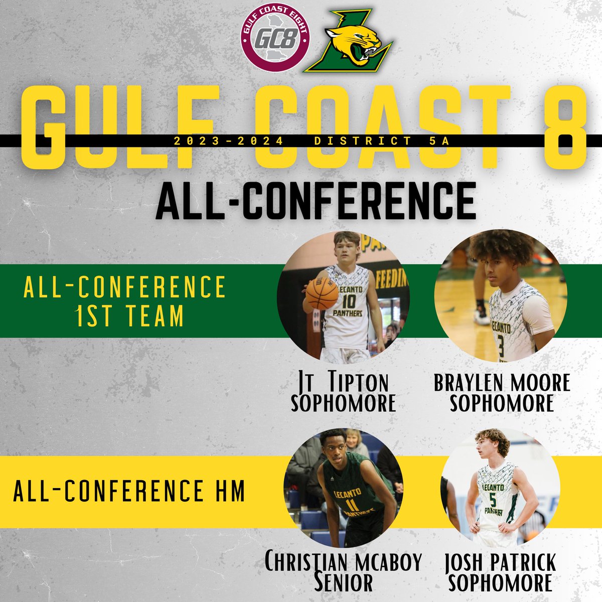 Congratulations to our guys for being named GC8 First-team All-Conference JT Tipton and Braylen Moore, &amp;  All-Conference HM Christian McAboy and Josh Patrick! <a href="/jttipton10/">JT Tipton</a> <a href="/Braaylenn/">Braylen Moore</a> @christianmcaboy @joshpatrick62