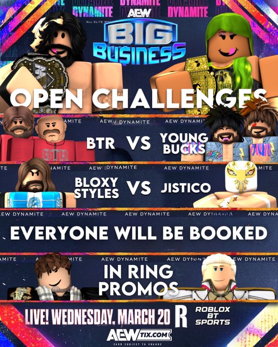 Don't miss the return show, #AEWBigBusiness at 6pm EST Tonight!

Banger matches, promos segments AND World Champions' Jin Omega and Irina Cargill will all be in the arena with Open Challenges🚨📷 #AEW #AEWDynamite @AEWBRLIVE 

#Sponsored #Ad #Roblox #Wrestling