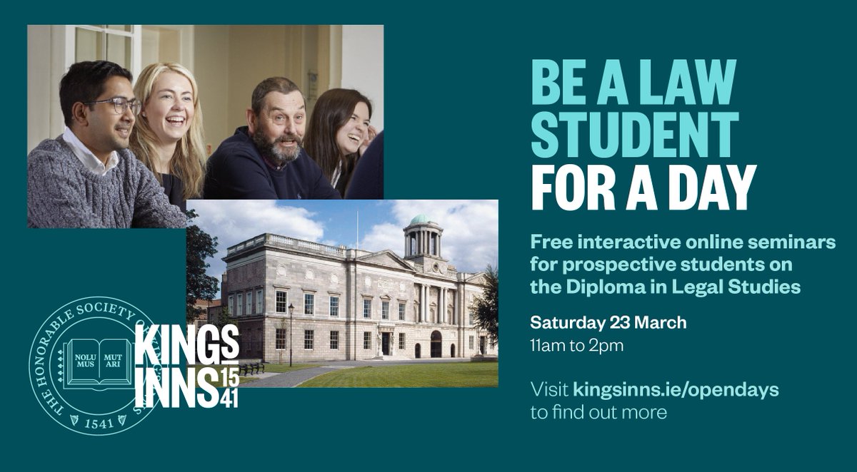 KingsInns's tweet photo. This Saturday, March 23, King’s Inns will offer prospective students a chance to experience life as a Diploma student by taking part in classes like those on the course.

Register &amp; Join us 👉https://t.co/YxI9wpsmj3

#BeaLawStudentforaDay #StudyLaw #LegalStudies #Diploma https://t.co/qPNlhGhHgM