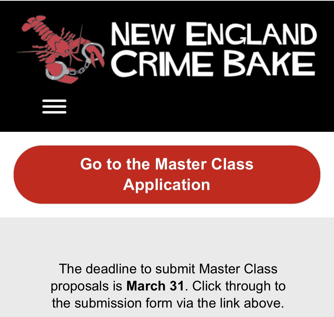 Hey writers! @necrimebake is looking for authors to teach a Master Class on Friday, November 8th. The deadline for applications is March 31st. Submit your proposal at the link: docs.google.com/forms/d/e/1FAI….