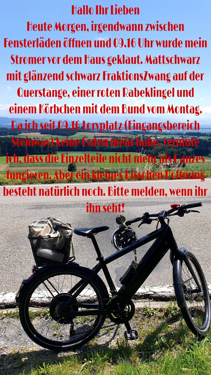 elsenersu's tweet photo. Hallo Ihr Lieben
Heute Morgen, irgendwann zwischen Fensterläden öffnen und 09.16 Uhr wurde mein Stromer vor dem Haus geklaut. Mattschwarz mit glänzend schwarz FraktionsZwang auf der Querstange, einer roten Rabeklingel und einem Körbchen. Bitte melden, wenn ihr ihn seht! https://t.co/2VnaGcXYAl