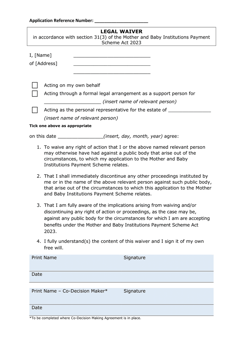 Since the waiver for the #MotherandBabyHomes payment scheme was not made publicly available, I put in an FOI request for a copy of it... and I was successful. This is the one-page waiver people will fill out when sending through an application.