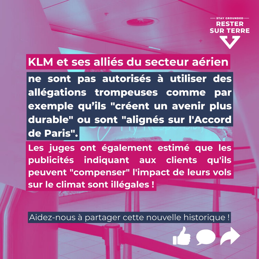 ResterSurTerre's tweet photo. 📣 C'est historique ! 🔥

⚖️ Le tribunal d'Amsterdam a jugé illégal le #greenwashing pratiqué par KLM dans sa publicité, créant ainsi un précédent juridique qui aura des ramifications dans l'ensemble du secteur de l'aviation internationale ! ✈️🎯 https://t.co/ugO75bCxX1