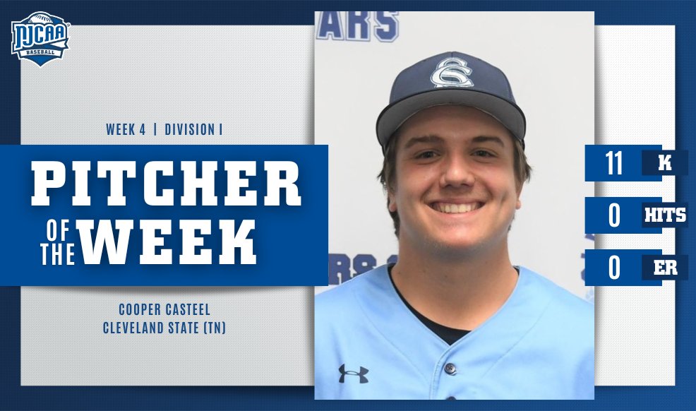 🚨 NO-HITTER 🚨 Cooper Casteel threw a No-Hitter with 1⃣1⃣ K's to help lead @CS_Athletics to a 2-0 win over Jackson State last week. Casteel is the #NJCAABaseball DI Pitcher of the Week! ⚾️ #NJCAAPOTW