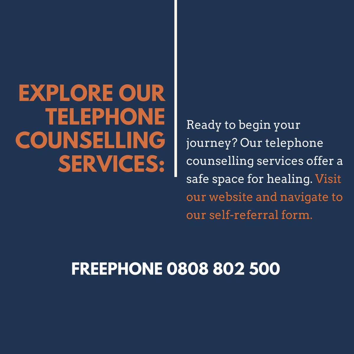 Explore Our Telephone Counselling Services:
Ready to begin your journey? Our telephone counselling services offer a safe space for healing. 📞 Visit our website and navigate to our self-referral form. #SeekSupport #CounselingServices #SDAC #SDACsupport