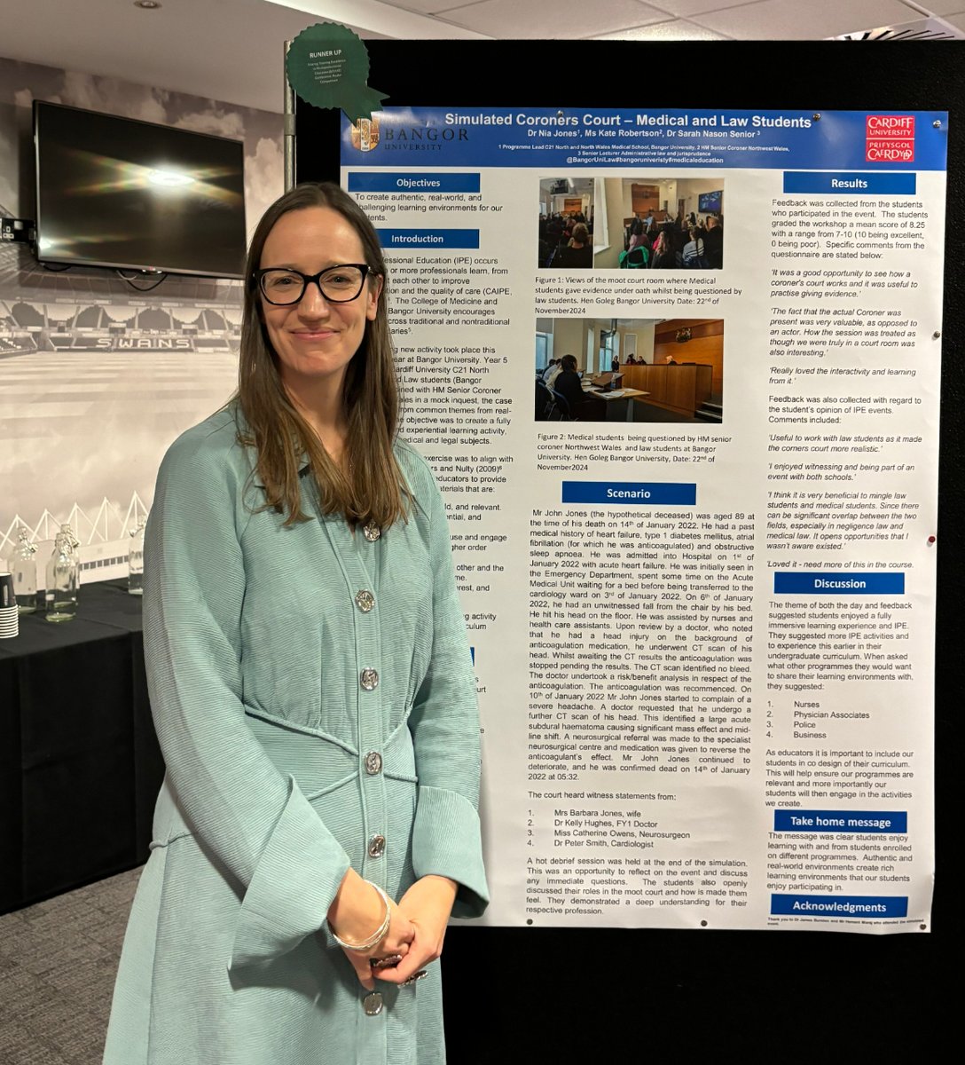 Congratulations to our very own Dr @niaejones171 for coming runner up in the #STEME24 conference hosted by @HEIW_NHS 🎉 Her poster was all about the Coroner's Court Workshop we held for our Medical and Law students! ⚖️🩺 Watch the video ↘️ i.mtr.cool/jksdlorbqn
