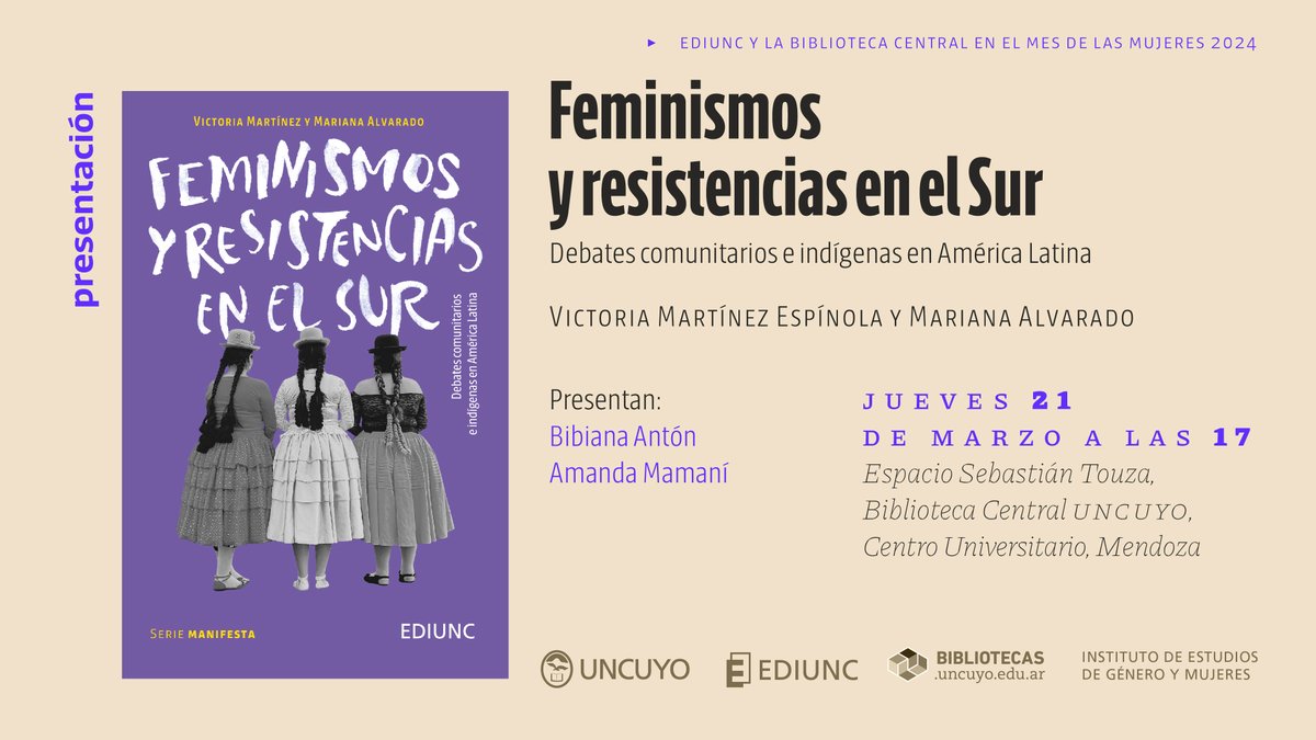 siduncuyo's tweet photo. Presentación del libro: "Feminismos y resistencias en el Sur." Jueves 21 de marzo - 17hs | Biblioteca Central "Dr. Arturo A. Roig" - Espacio de lectura "Sebastián Touza".  Vivo YT https://t.co/HcrEQD1gVb… Disponible para préstamo a domicilio https://t.co/NRuPDavWhP https://t.co/uDF4oEzkGg
