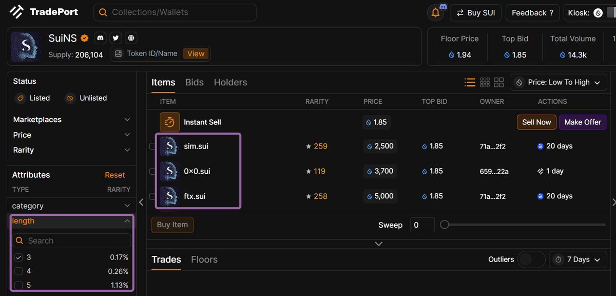 Thanks to our good friends from @tradeportxyz you can now search for #SuiNS names on the Tradeport platform by filtering according to their length 🔥 Should we add separate roles in our Discord server for those? 🤔 #Sui #OwnYourIdentity