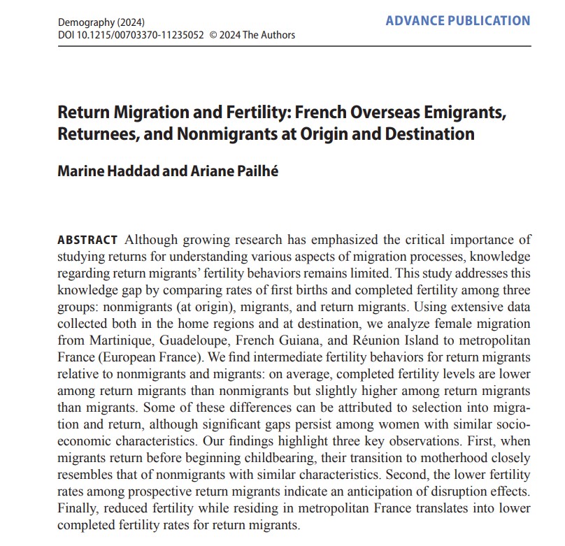 ReadDemography's tweet photo. Posted: “Return Migration &amp; Fertility.” Marine Haddad &amp; Ariane Pailhé from INED examine migration from French overseas departments to explore the “hypotheses of disruption, interrelation of events, anticipation, socialization, adaptation &amp; selection.” https://t.co/c1buc4sM7V https://t.co/cObTDRojmO