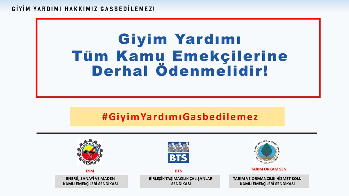 BTS Genel Merkezi (@btsgenelmerkez) on Twitter photo Giyim Yardımı Tüm Kamu Emekçilerine Derhal Ödenmelidir!
#GiyimYardımıGasbedilemez
<a href="/tcbestepe/">T.C. Cumhurbaşkanlığı</a> <a href="/tccbiko/">T.C. Cumhurbaşkanlığı İnsan Kaynakları Ofisi</a> <a href="/UABakanligi/">T.C. Ulaştırma ve Altyapı Bakanlığı</a> <a href="/csgbakanligi/">T.C. Çalışma ve Sosyal Güvenlik Bakanlığı</a> <a href="/a_uraloglu/">Abdulkadir URALOĞLU</a> <a href="/Tcdd/">Tcdd</a> <a href="/TCDDemiryollari/">TCDD-Türkiye Cumhuriyeti Devlet Demiryolları 🇹🇷</a>
<a href="/HMBakanligi/">T.C. Hazine ve Maliye Bakanlığı</a> <a href="/memetsimsek/">Mehmet Simsek</a> <a href="/TCDDTasimacilik/">TCDD Taşımacılık</a> <a href="/dhmikurumsal/">DHMİ Genel Müdürlüğü</a> <a href="/dhmihkeskin/">Dr. Hüseyin KESKİN</a> <a href="/turasasgm/">TÜRASAŞ</a> <a href="/KESK1995/">KESK</a> <a href="/halktvcomtr/">Halk TV</a> Giyim Yardımı Tüm Kamu Emekçilerine Derhal Ödenmelidir!
#GiyimYardımıGasbedilemez
<a href="/tcbestepe/">T.C. Cumhurbaşkanlığı</a> <a href="/tccbiko/">T.C. Cumhurbaşkanlığı İnsan Kaynakları Ofisi</a> <a href="/UABakanligi/">T.C. Ulaştırma ve Altyapı Bakanlığı</a> <a href="/csgbakanligi/">T.C. Çalışma ve Sosyal Güvenlik Bakanlığı</a> <a href="/a_uraloglu/">Abdulkadir URALOĞLU</a> <a href="/Tcdd/">Tcdd</a> <a href="/TCDDemiryollari/">TCDD-Türkiye Cumhuriyeti Devlet Demiryolları 🇹🇷</a>
<a href="/HMBakanligi/">T.C. Hazine ve Maliye Bakanlığı</a> <a href="/memetsimsek/">Mehmet Simsek</a> <a href="/TCDDTasimacilik/">TCDD Taşımacılık</a> <a href="/dhmikurumsal/">DHMİ Genel Müdürlüğü</a> <a href="/dhmihkeskin/">Dr. Hüseyin KESKİN</a> <a href="/turasasgm/">TÜRASAŞ</a> <a href="/KESK1995/">KESK</a> <a href="/halktvcomtr/">Halk TV</a>