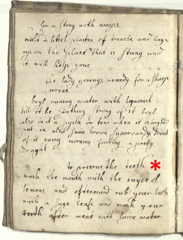 Oral health has come a long way since the 17th century, as can be seen from this teeth-cleaning recipe from c.1685! Would you be willing to swap out your regular toothpaste for a mix of “juyce of lemons…sage leafe and…faire water”? #WorldOralHealthDay (D/E/1203)