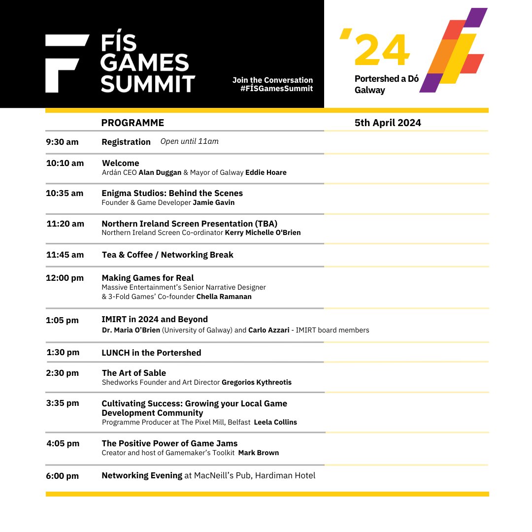 Táimid ar bís to share the full programme of speakers and press release for #FÍSGamesSummit 2024 - happening on Friday, April 5th @ Portershed a Dó (Market Street, Galway)! Tickets are gone but please email info@ardan.ie to join the waiting list. ardan.ie/event/game-mak… 💚✨🎮