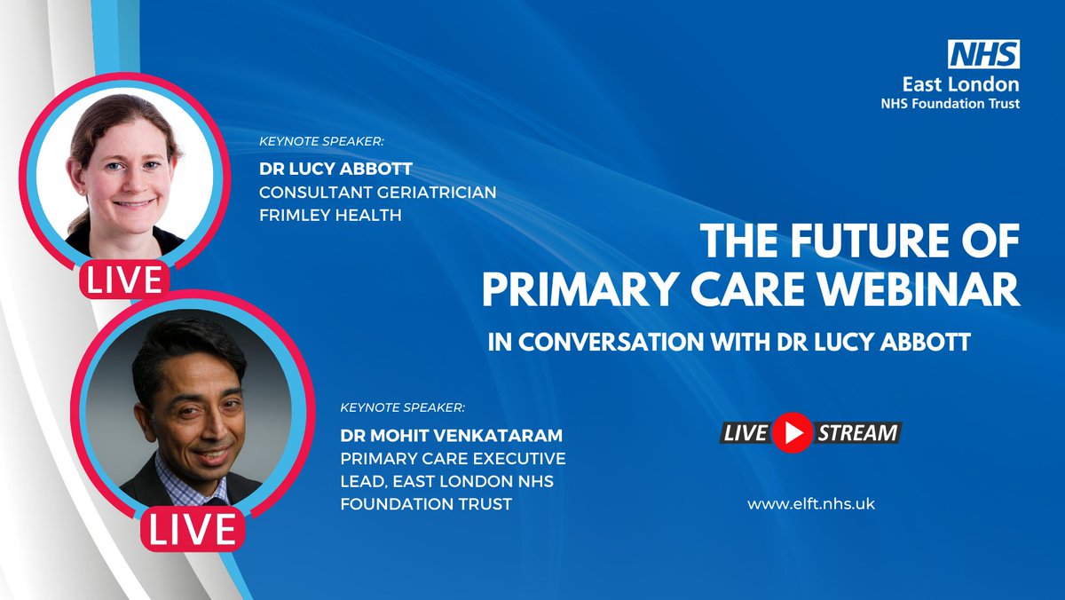 Starting soon at 7 PM, 'The Future of #PrimaryCare' with Dr @geris_lucy from @FrimleyHealth and Dr @MohitVenkataram in conversation on 'Ageing Well in the #Frimley #ICS' Join us here: elft-nhs-uk.zoom.us/webinar/regist… #NHSWebinar @FrimleyHub @KirenCollison