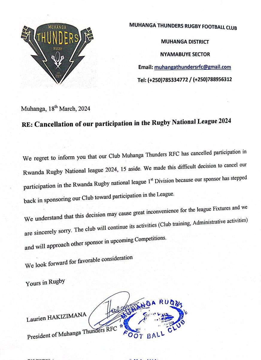 Muhanga Thunders RFC (@muhangathunders) on Twitter photo We regret to inform our stakeholders that our club based in <a href="/Muhangadis/">MUHANGA District</a> , will not participate in <a href="/RugbyRwanda/">Rwanda Rugby 🇷🇼</a> national league 2024 due to the Failure to secure league sponsorship.
<a href="/NyamabuyeSec_/">Nyamabuye Sector</a> <a href="/MezePrimoz/">Primoz Meze</a> <a href="/raypowermk/">Ray Power</a> <a href="/KamandaTharcis1/">Kamanda Tharcisse</a> We regret to inform our stakeholders that our club based in <a href="/Muhangadis/">MUHANGA District</a> , will not participate in <a href="/RugbyRwanda/">Rwanda Rugby 🇷🇼</a> national league 2024 due to the Failure to secure league sponsorship.
<a href="/NyamabuyeSec_/">Nyamabuye Sector</a> <a href="/MezePrimoz/">Primoz Meze</a> <a href="/raypowermk/">Ray Power</a> <a href="/KamandaTharcis1/">Kamanda Tharcisse</a>