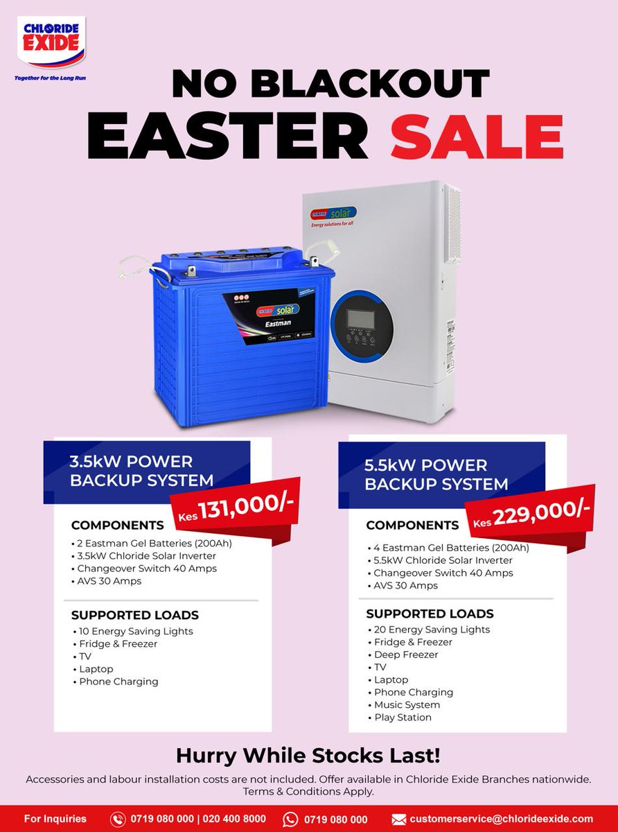 Give blackouts a knock-out this Easter!!♻️
☎️WhatsApp/Call: 0768574233
#ChlorideExide #PowerBackup #HybridInverter  #WeKnowSolar