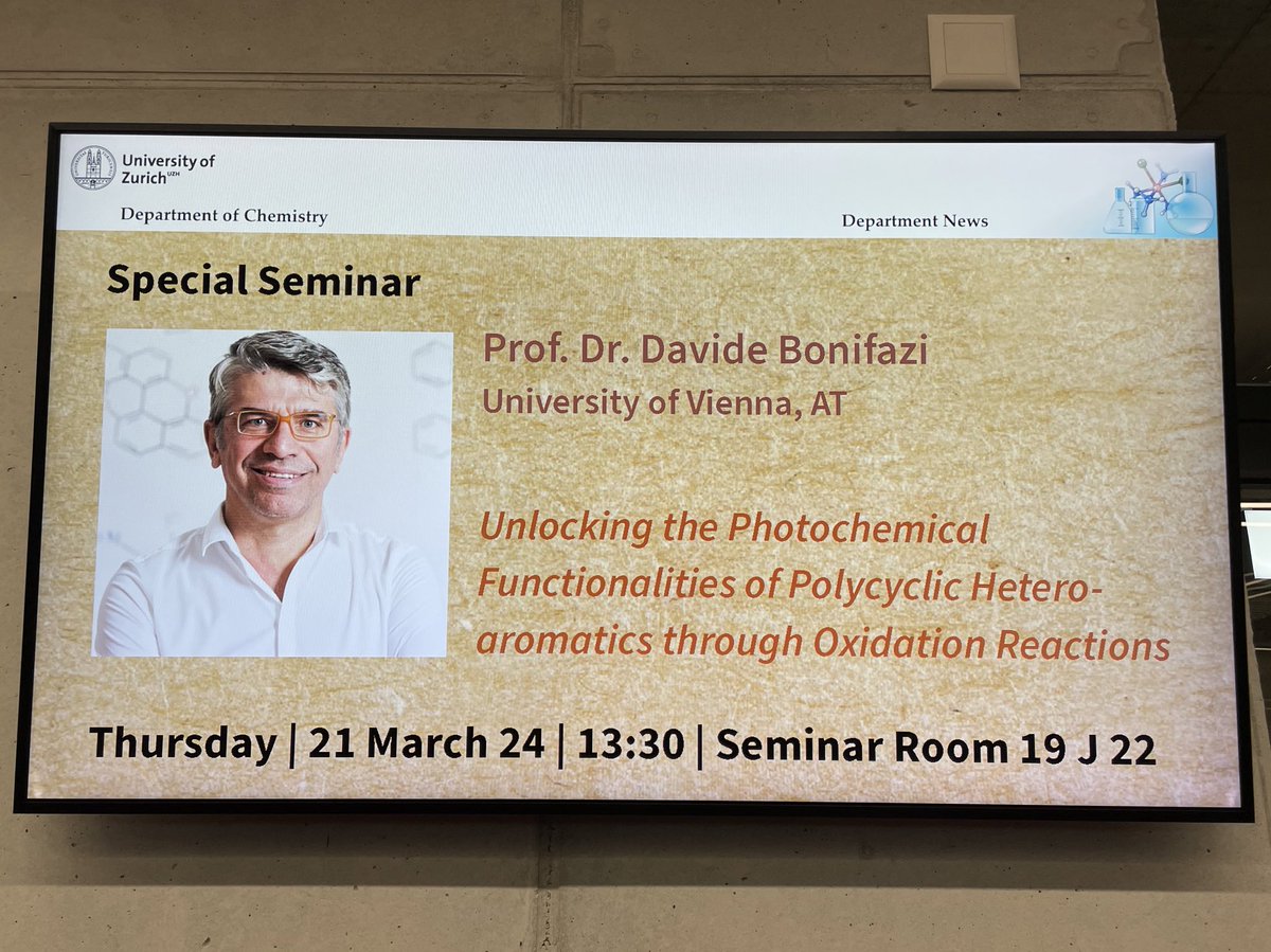 Looking forward to hosting Davide at @UZH_Chemistry tomorrow! His lecture starts at 13:30 :) @BonifaziGroup @univienna @UZH_Science @UZH_en @UZH_ch @cmszh @JuricekLab @PStacko @NevadoLab @NinaHartrampf @RiveraChemLab @CoricLab @maruan_salim @pauline_pfister @PatriciaCmelova