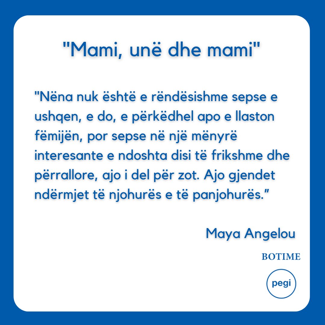 BotimePegi's tweet photo. Duke eksploruar një ndër marrëdhëniet më të gjalla, shpërblyese dhe të ndërlikuara të jetës, “Mami, unë dhe mami” zbulon shërimin e plotë, të bazuar në dashuri, që kërkoi kohë dhe energji, por që në fund i dha autores forcën dhe kurajën për t’u ngritur në lartësi të pamundura. https://t.co/YcpYck8h8B
