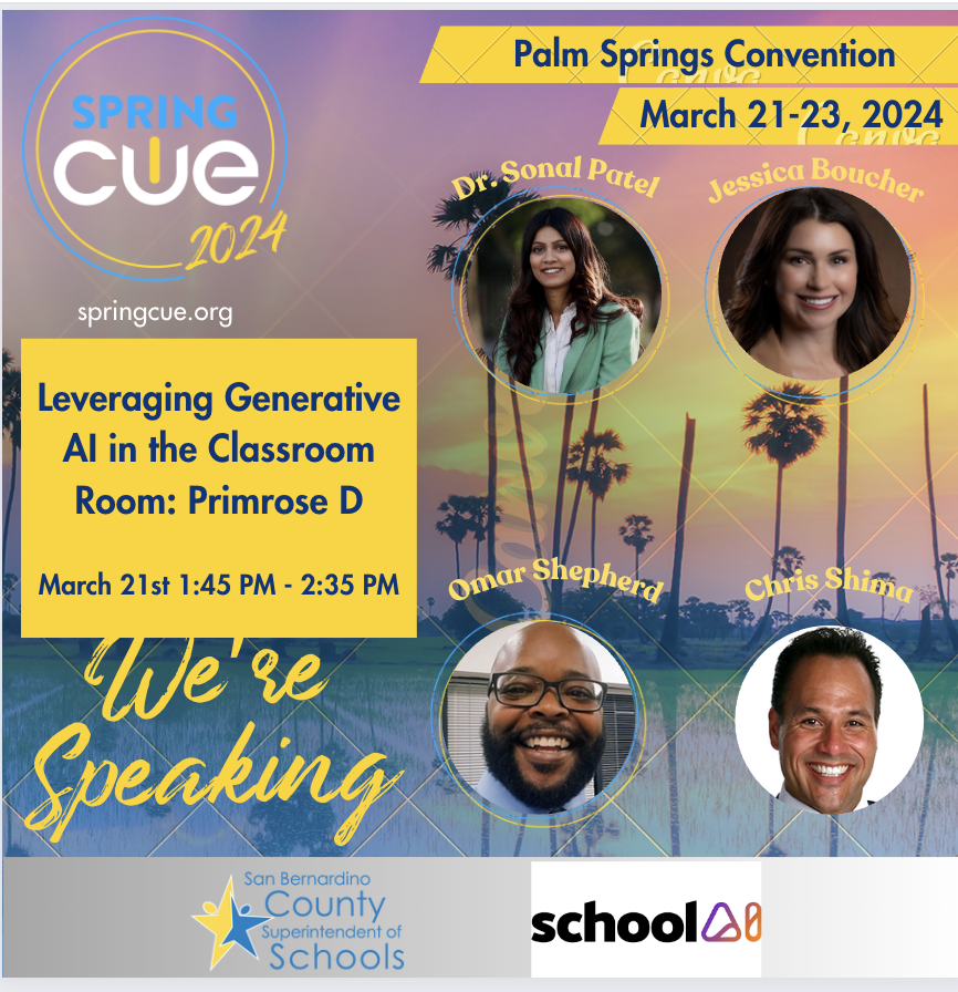 Who is coming to @cueinc? - Our team is ready to present on 'Leveraging AI in the Classroom' This will be short, fast, interactive and fun! Join us as we partner with @GetSchoolAI to facilitate this session in Primrose B. #SpringCUE