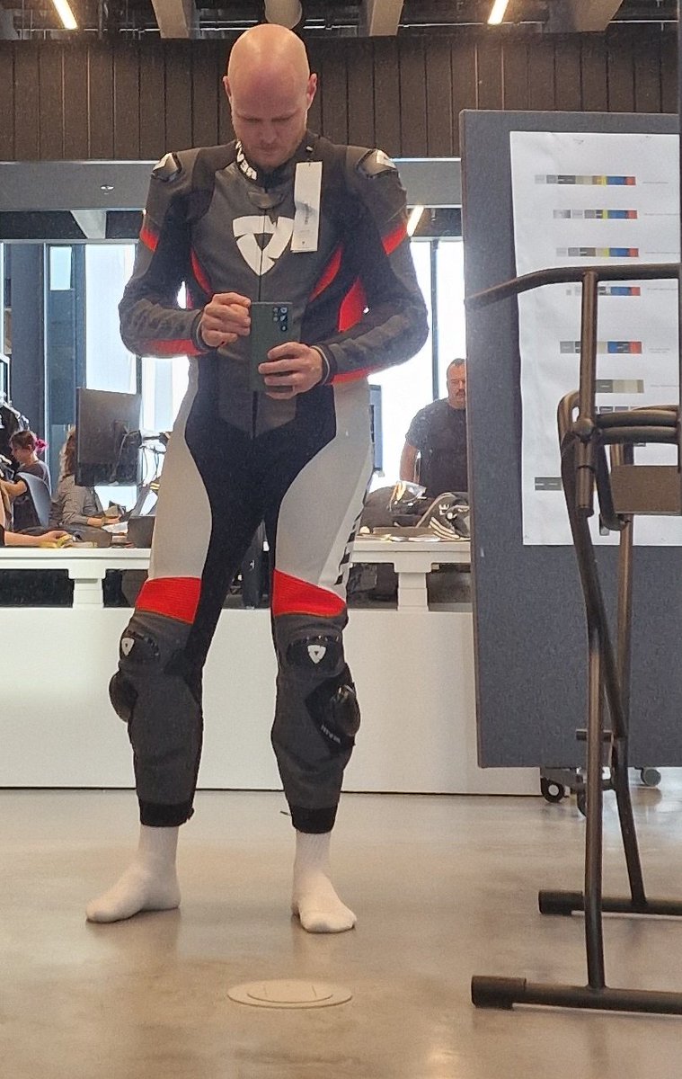 nick_enghardt's tweet photo. Been trying on some leathers today. Guess which is the slightly too snug 50 and which the perf 52... #revitrider https://t.co/Lc4xgCGHyz