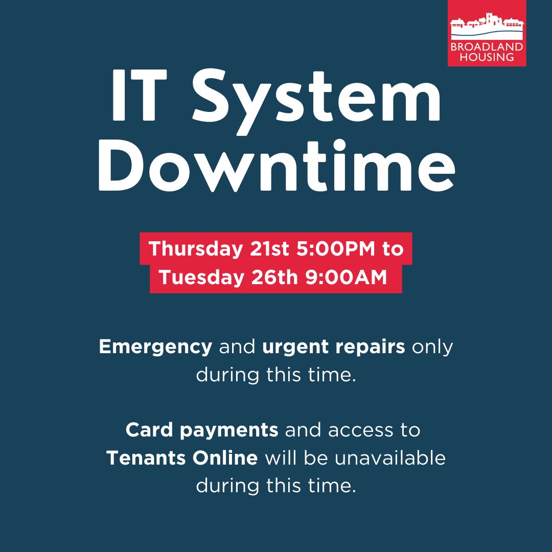 Due to essential IT system updates, we will be taking emergency and urgent repairs only at this time. ❗️ Repairs appointments that are currently booked will be going ahead as normal. Card payments and access to Tenants Online will be unavailable during this time. #StayInformed