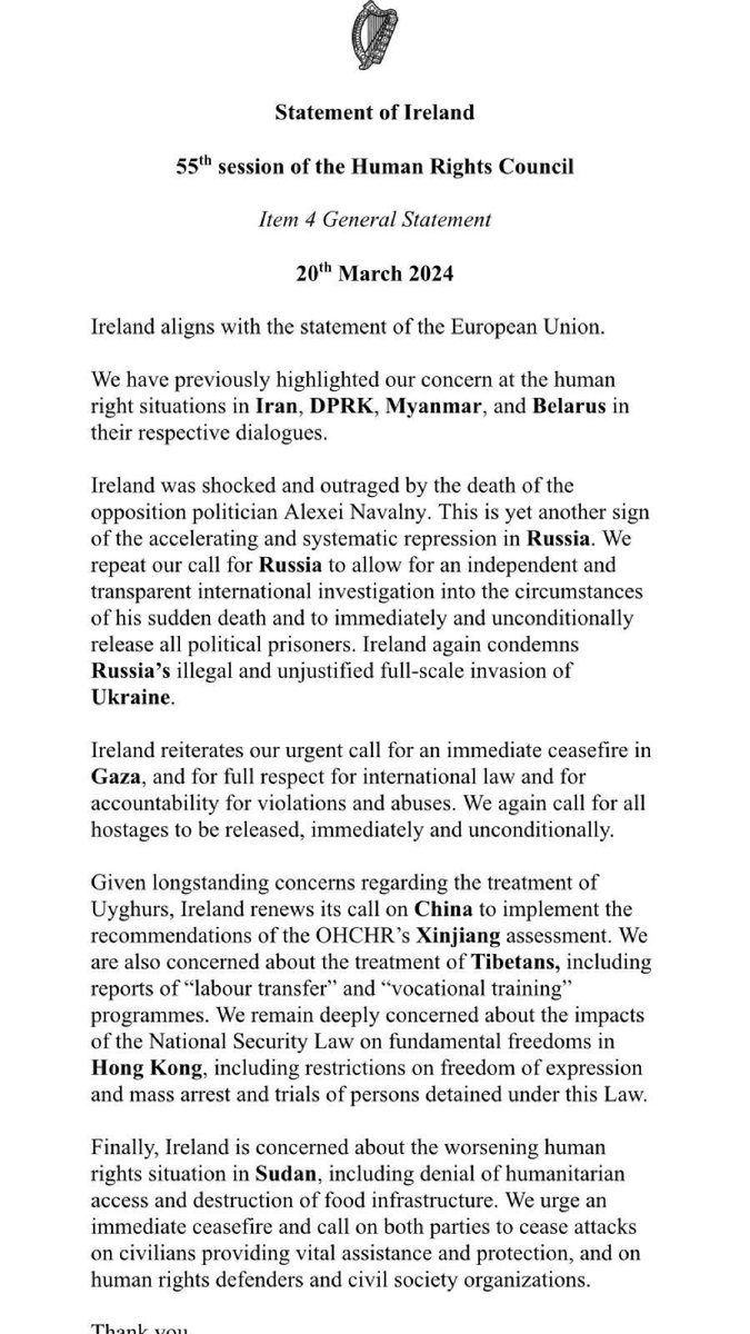 #HRC55 today discussed situations that require the Council’s attention #Item4 🇮🇪 raised concerns about the human rights situations in Russia, Ukraine, Gaza, China, Xinjiang, Tibet, Hong Kong and Sudan