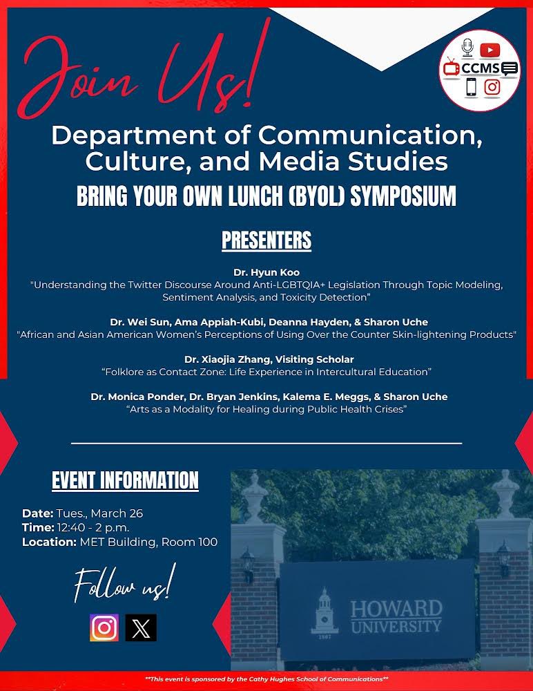 Join the Dep’t of Communication, Culture, and Media Studies for our Spring BYOL Symposium! We will hear remarkable research from our distinguished faculty and very own doctoral students. Hope to see you there.🦬♥️💙 @HowardGradSch @HUStudentAffair @howarduchsoc @HowardJournal