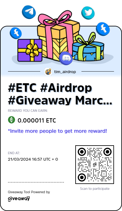 tim23qa's tweet photo. Very excited to announce the giveaway #ETC #Airdrop #Giveaway March 20th, 2024 for 100 Participants Win on @Giveaway_HQ, click the link below to participate and win “0.000011 ETC”!
#Airdrop #Giveaway #cctip #cwallet
https://t.co/BrftLaNjyh https://t.co/cp13K1DKGz