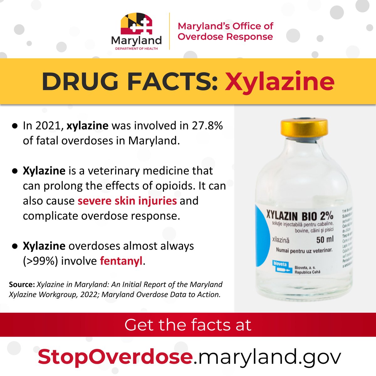 #DYK that over 27% of fatal overdoses in Maryland in 2021 involved xylazine? Xylazine is a veterinary medicine that can cause severe skin injuries.

Help share the facts for National Drug & Alcohol Facts Week 2024!

Learn more at StopOverdose.maryland.gov #NDAFW